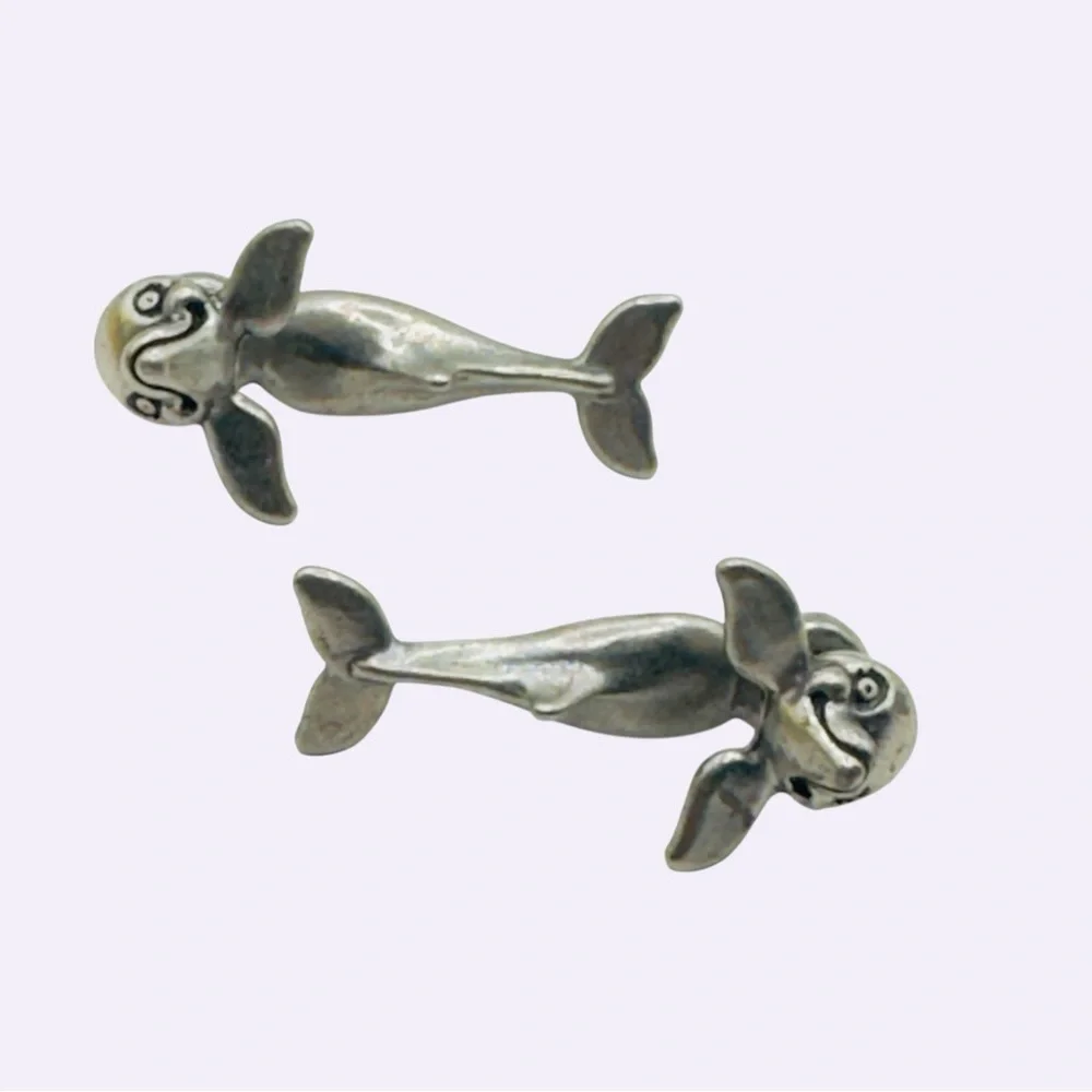 Vintage EARlusion Earrings 3D Pewter Dolphin Studs Silver Tone